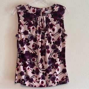 NWOT Calvin Klein Women's Purple Floral Print Fitted Pleated Blouse  Size Small
